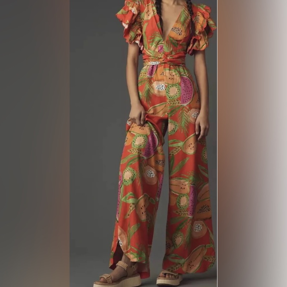 Farm Rio x Anthropologie Jumpsuit  Ruffle Sleeve Deep V Fruit Size M NWT